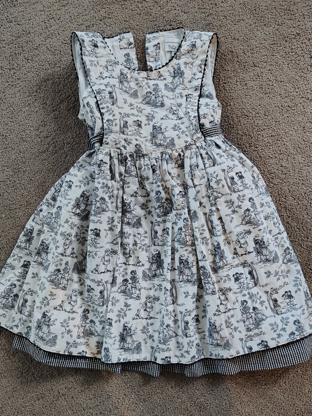 Vintage French Toile Toddler Dress With Ric Rac Detailing and Gingham Lining